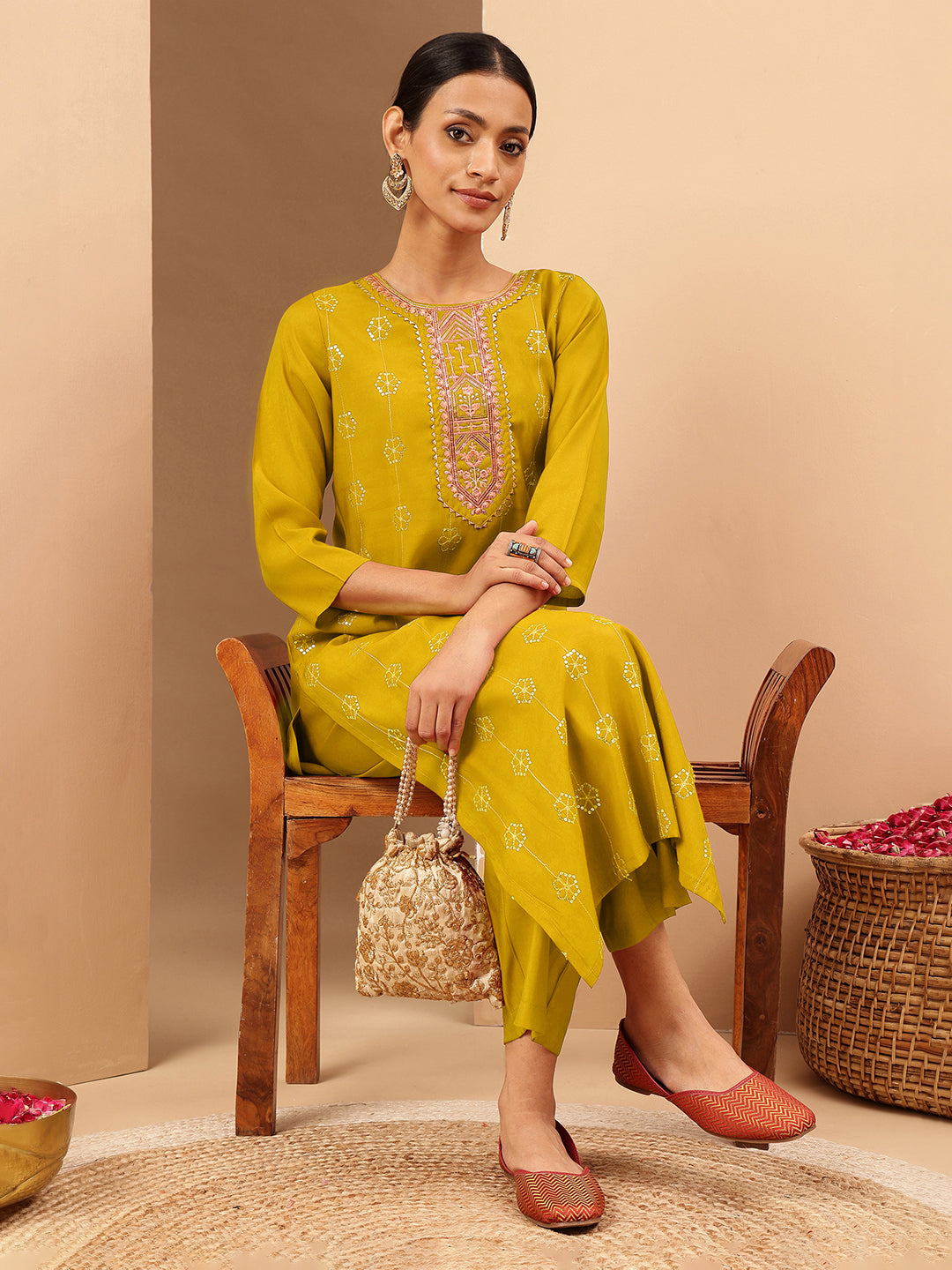 Janasya Women's Mustard Chanderi Silk Embellished Straight Kurta Pant Set