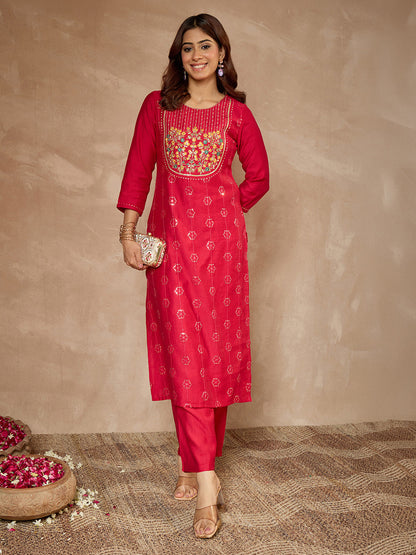 Janasya Women's Pink Silk Blend Embroidered Straight Kurta Pant Set