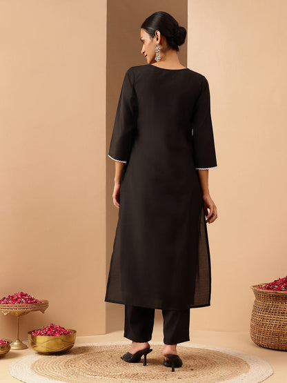 Janasya Women's Black Chanderi Silk Embroidered Straight Kurta Pant Set