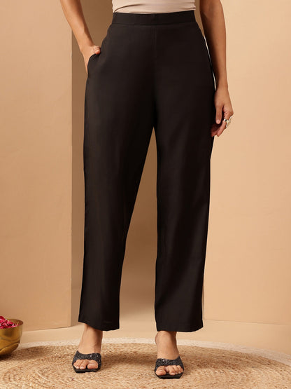 Janasya Women's Black Chanderi Silk Embroidered Straight Kurta Pant Set