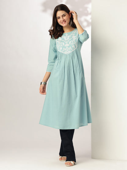 Light Blue Pure Cotton Yoke Embroidered A-line Kurta