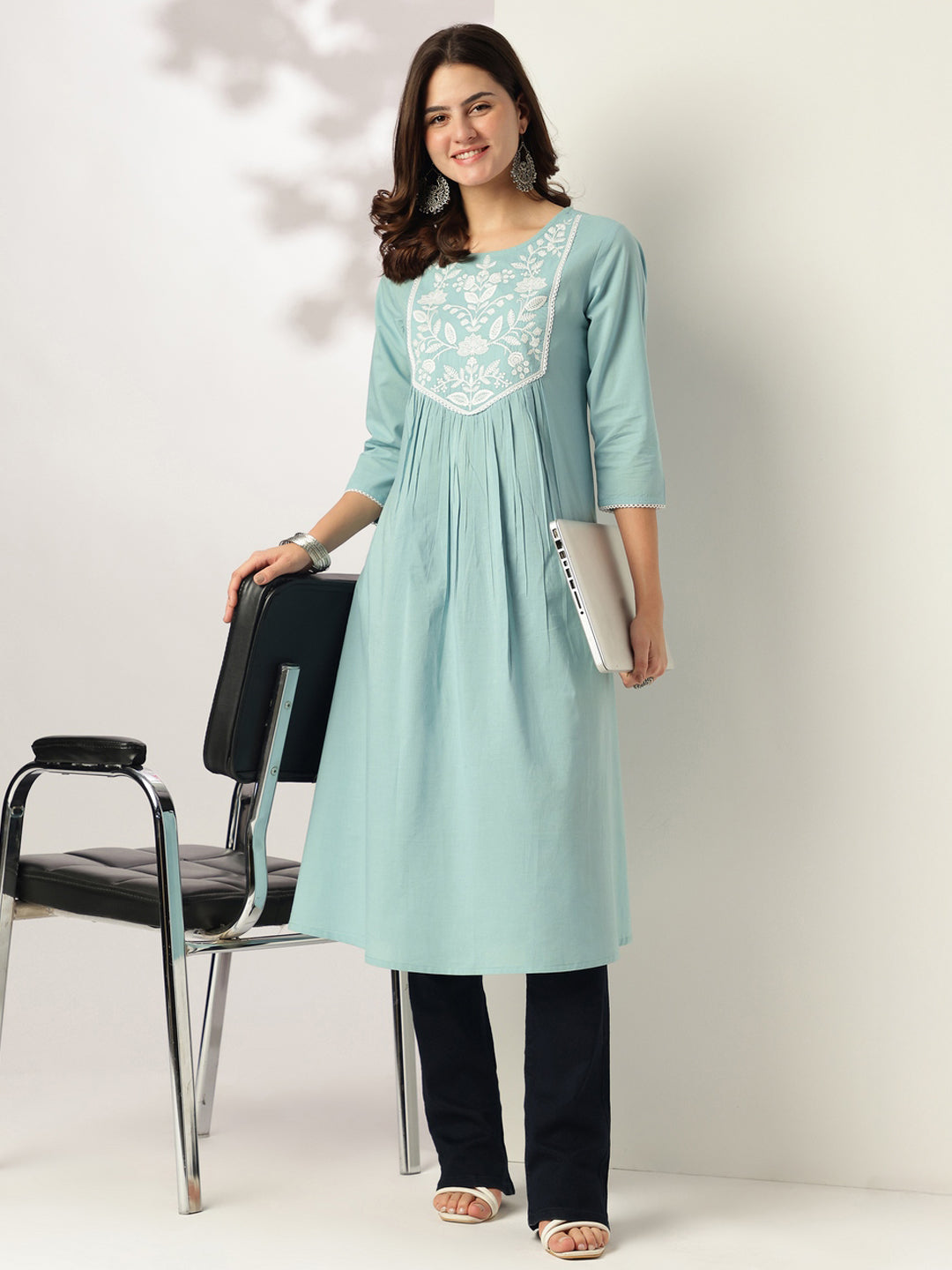 Light Blue Pure Cotton Yoke Embroidered A-line Kurta