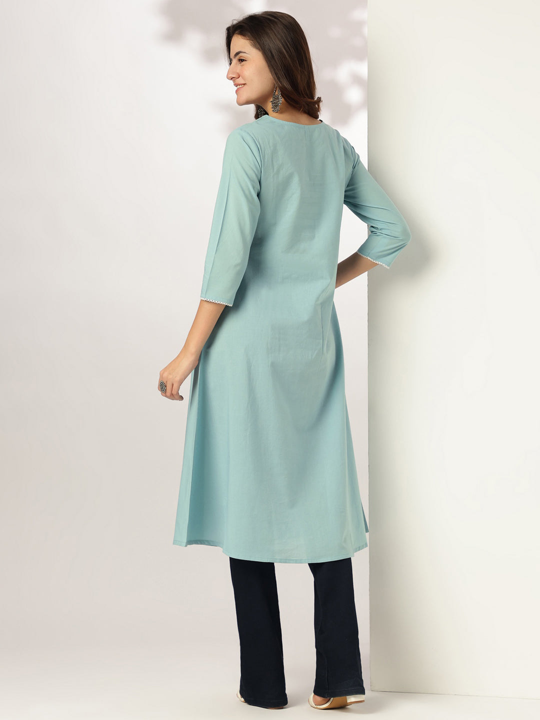 Light Blue Pure Cotton Yoke Embroidered A-line Kurta