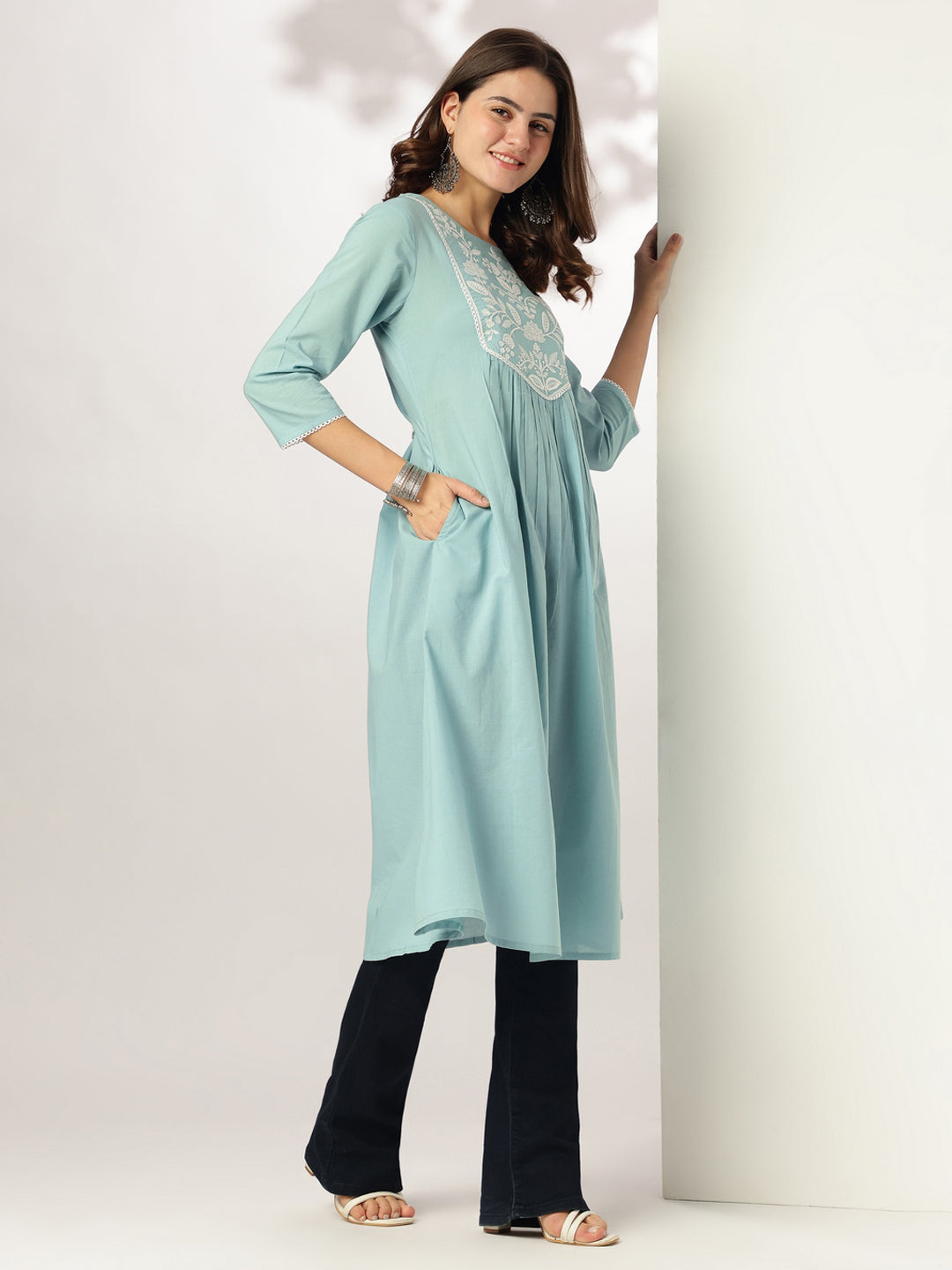 Light Blue Pure Cotton Yoke Embroidered A-line Kurta