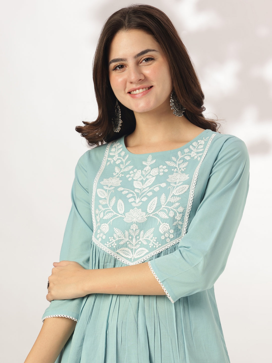 Light Blue Pure Cotton Yoke Embroidered A-line Kurta