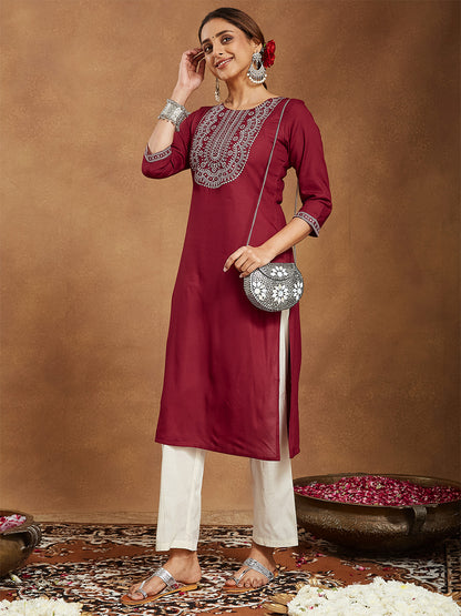 Janasya Women's Maroon Rayon Embroidered Straight Kurta