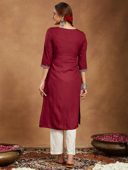 Janasya Women's Maroon Rayon Embroidered Straight Kurta