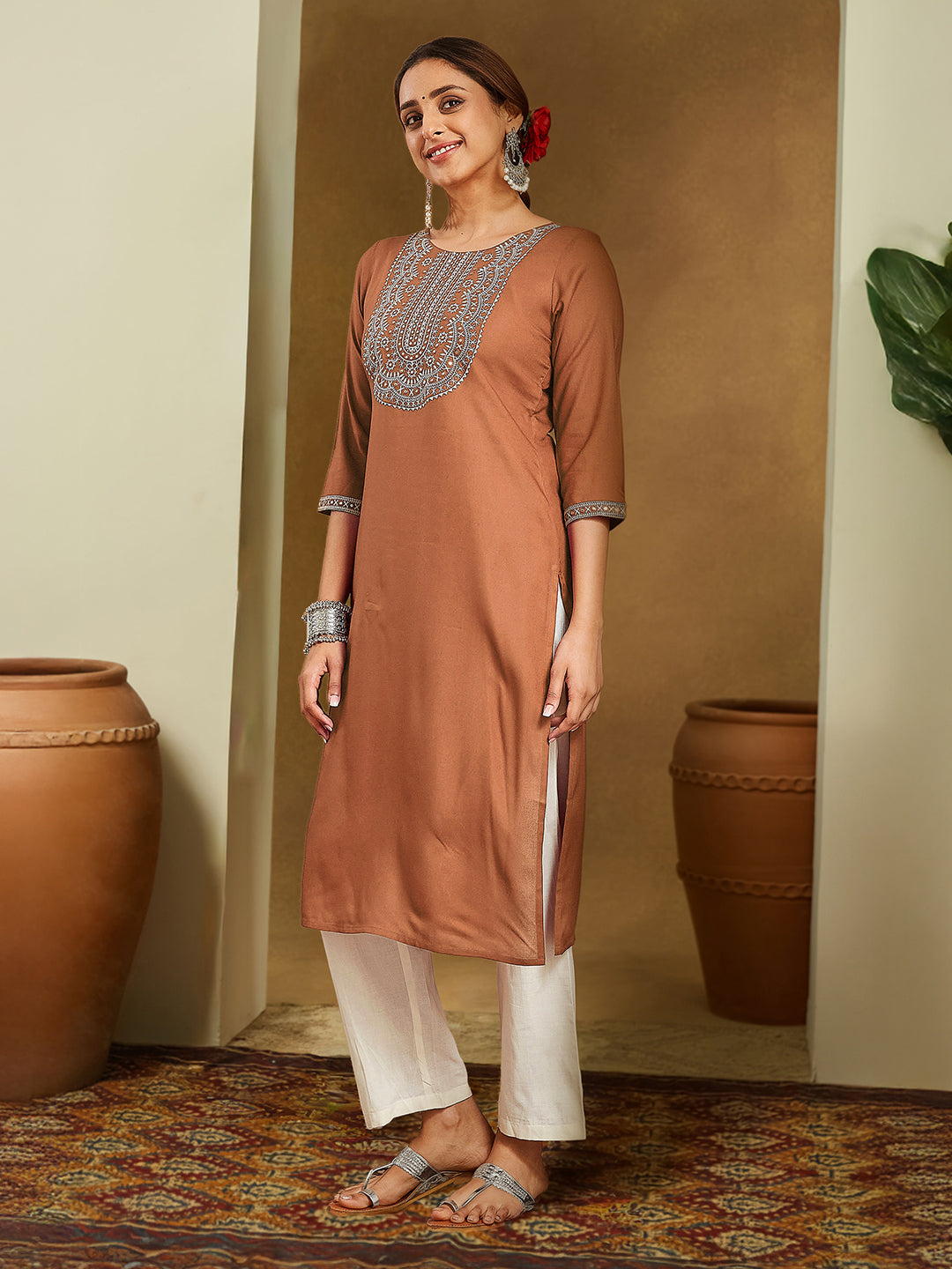 Janasya Women's Brown Rayon Embroidered Straight Kurta