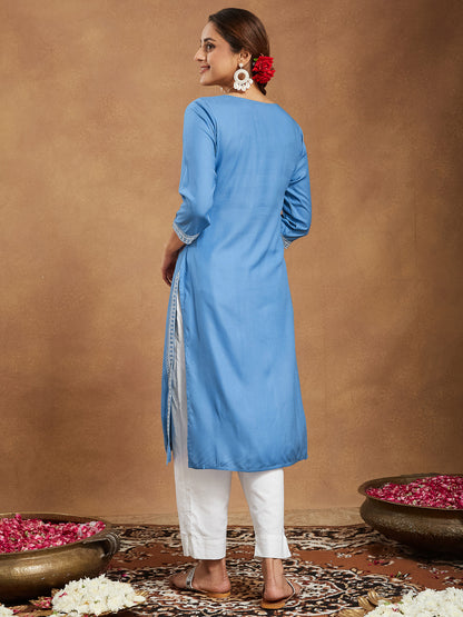 Janasya Women's Sky Blue Rayon Embroidered Straight Kurta