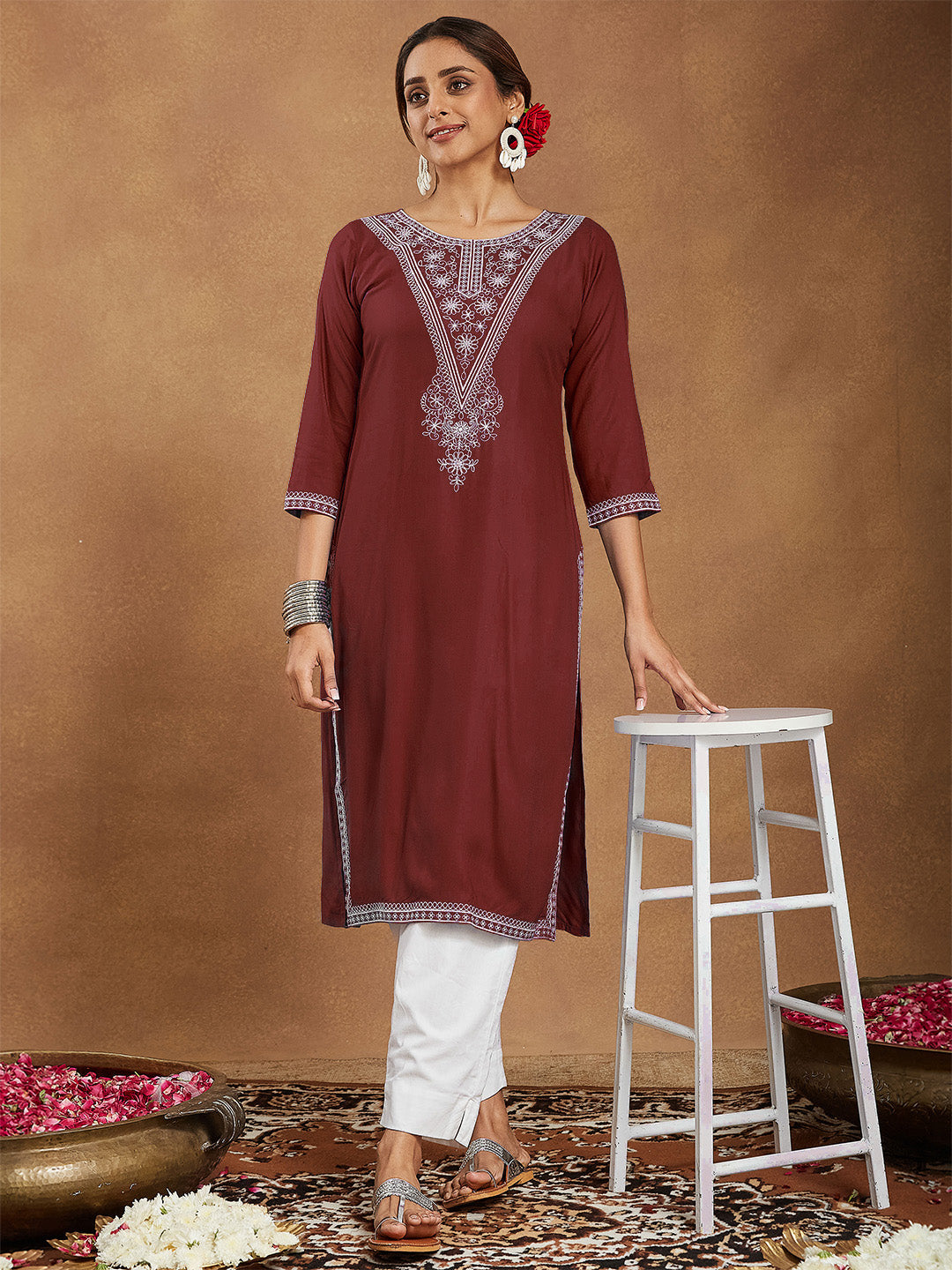 Janasya Women's Maroon Rayon Embroidered Straight Kurta