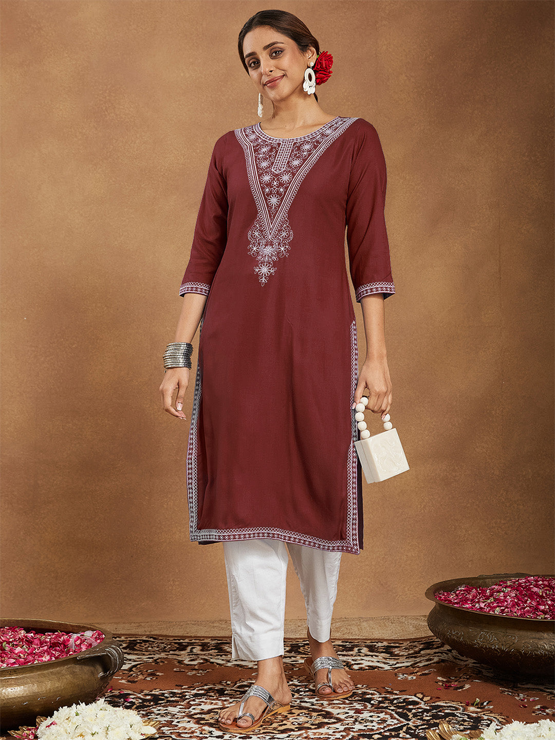 Janasya Women's Maroon Rayon Embroidered Straight Kurta