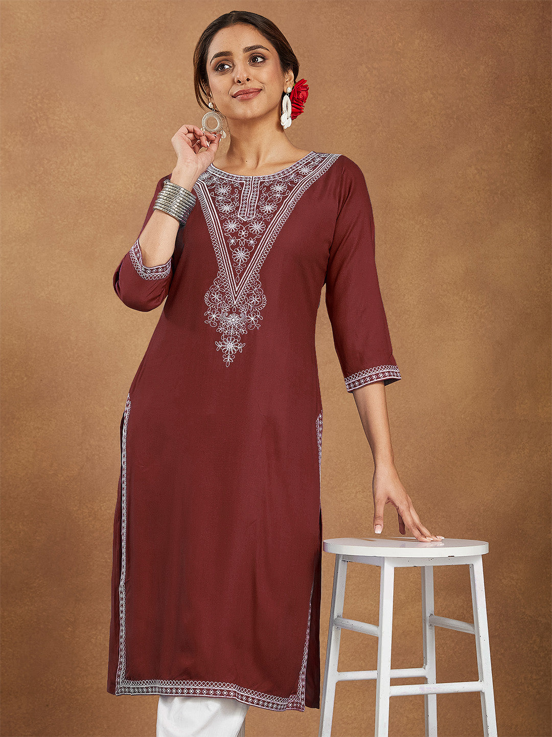 Janasya Women's Maroon Rayon Embroidered Straight Kurta