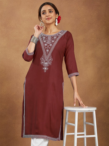 Janasya Women's Maroon Rayon Embroidered Straight Kurta
