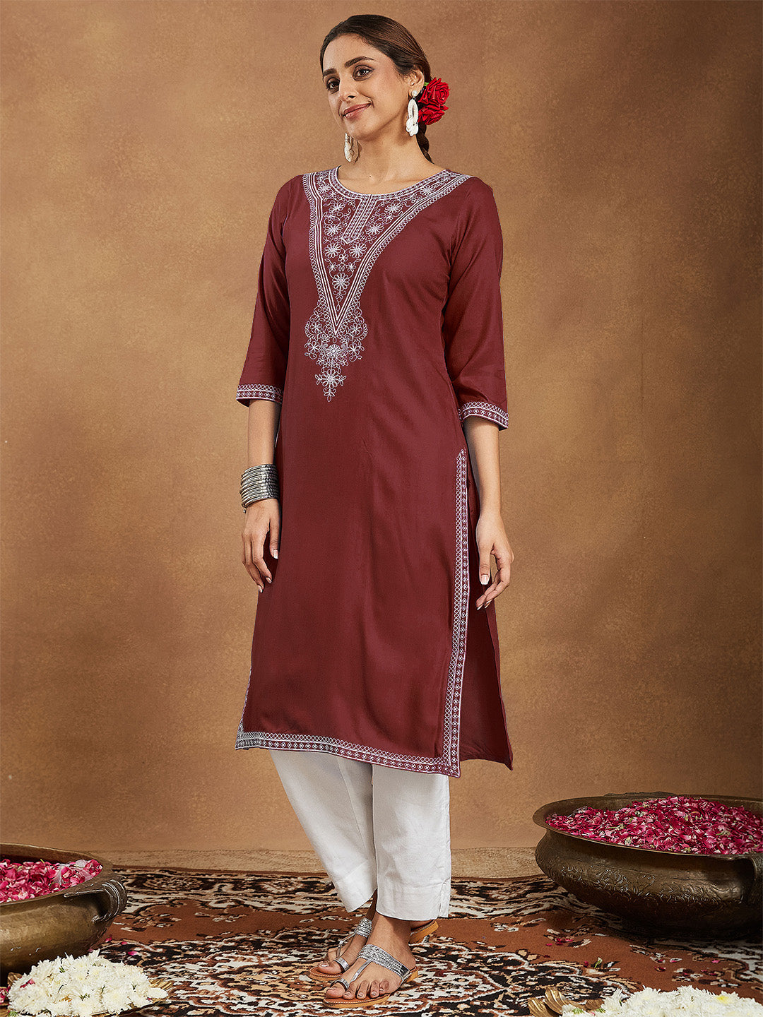 Janasya Women's Maroon Rayon Embroidered Straight Kurta