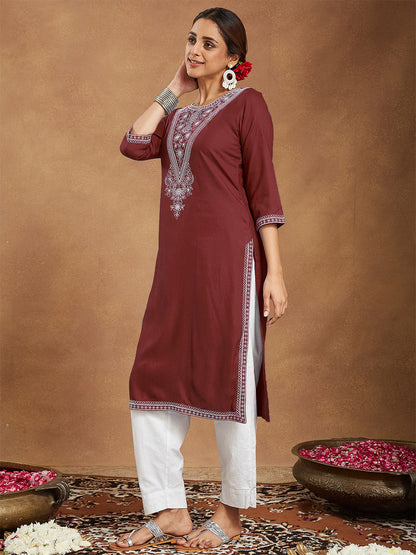 Janasya Women's Maroon Rayon Embroidered Straight Kurta