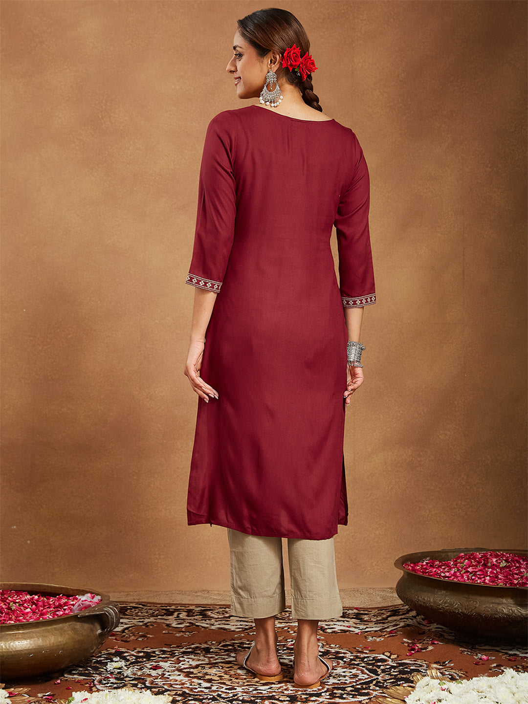 Janasya Women's Maroon Rayon Embroidered Straight Kurta