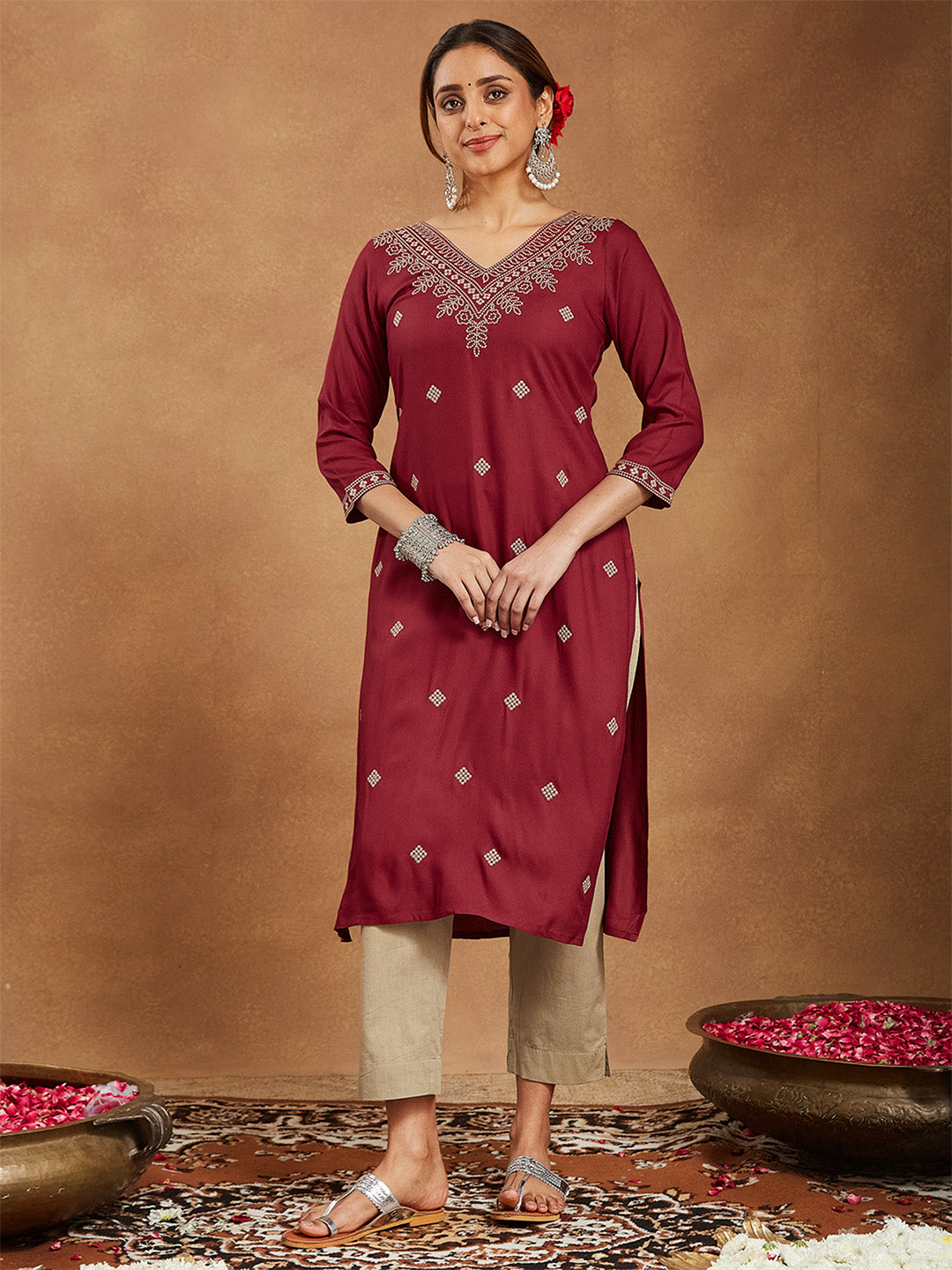 Janasya Women's Maroon Rayon Embroidered Straight Kurta