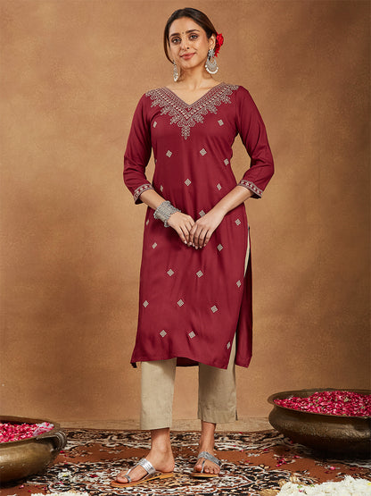 Janasya Women's Maroon Rayon Embroidered Straight Kurta