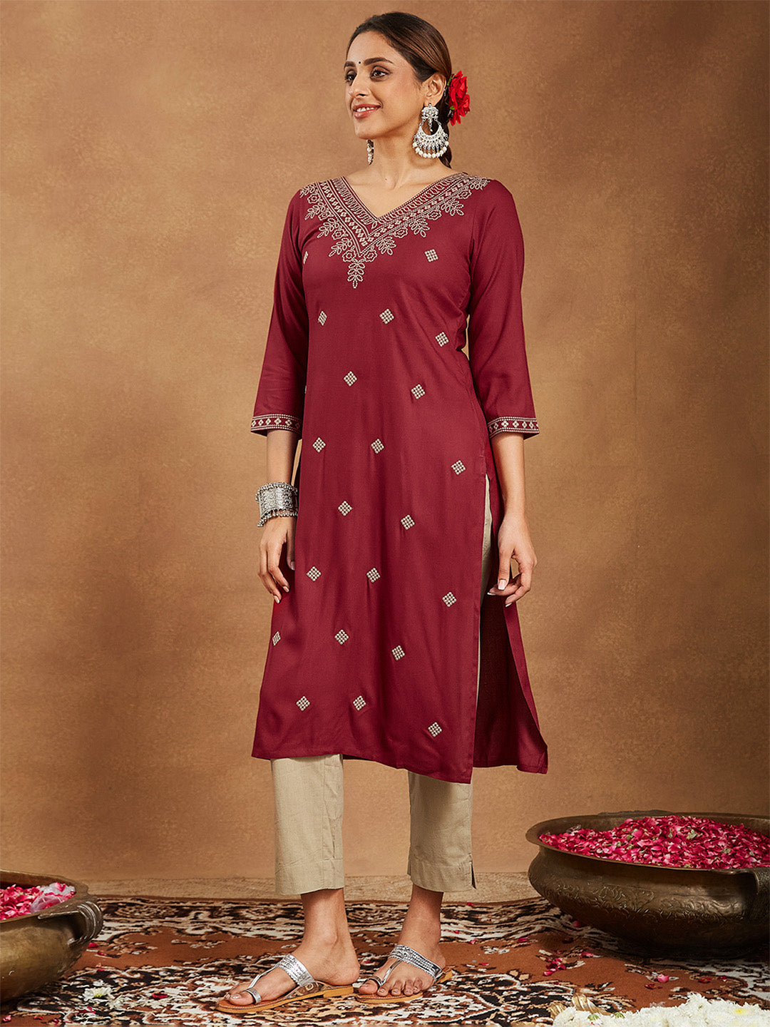 Janasya Women's Maroon Rayon Embroidered Straight Kurta