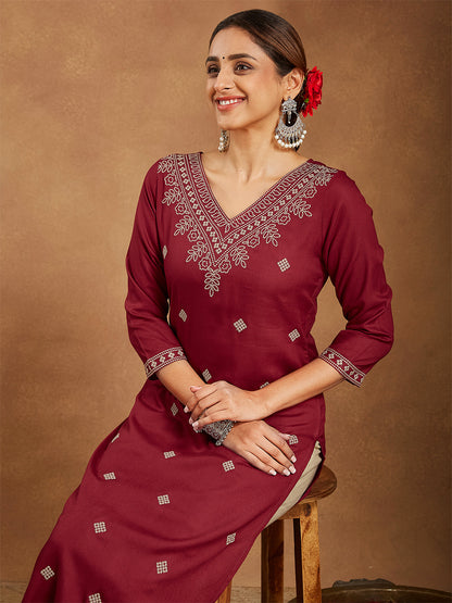 Janasya Women's Maroon Rayon Embroidered Straight Kurta