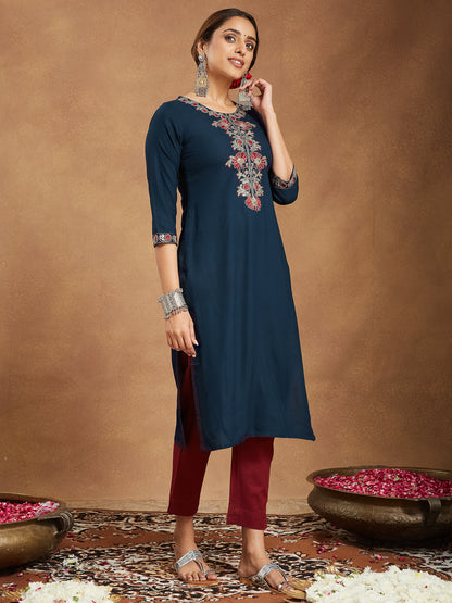 Janasya Women's Navy Blue Rayon Embroidered Straight Kurta
