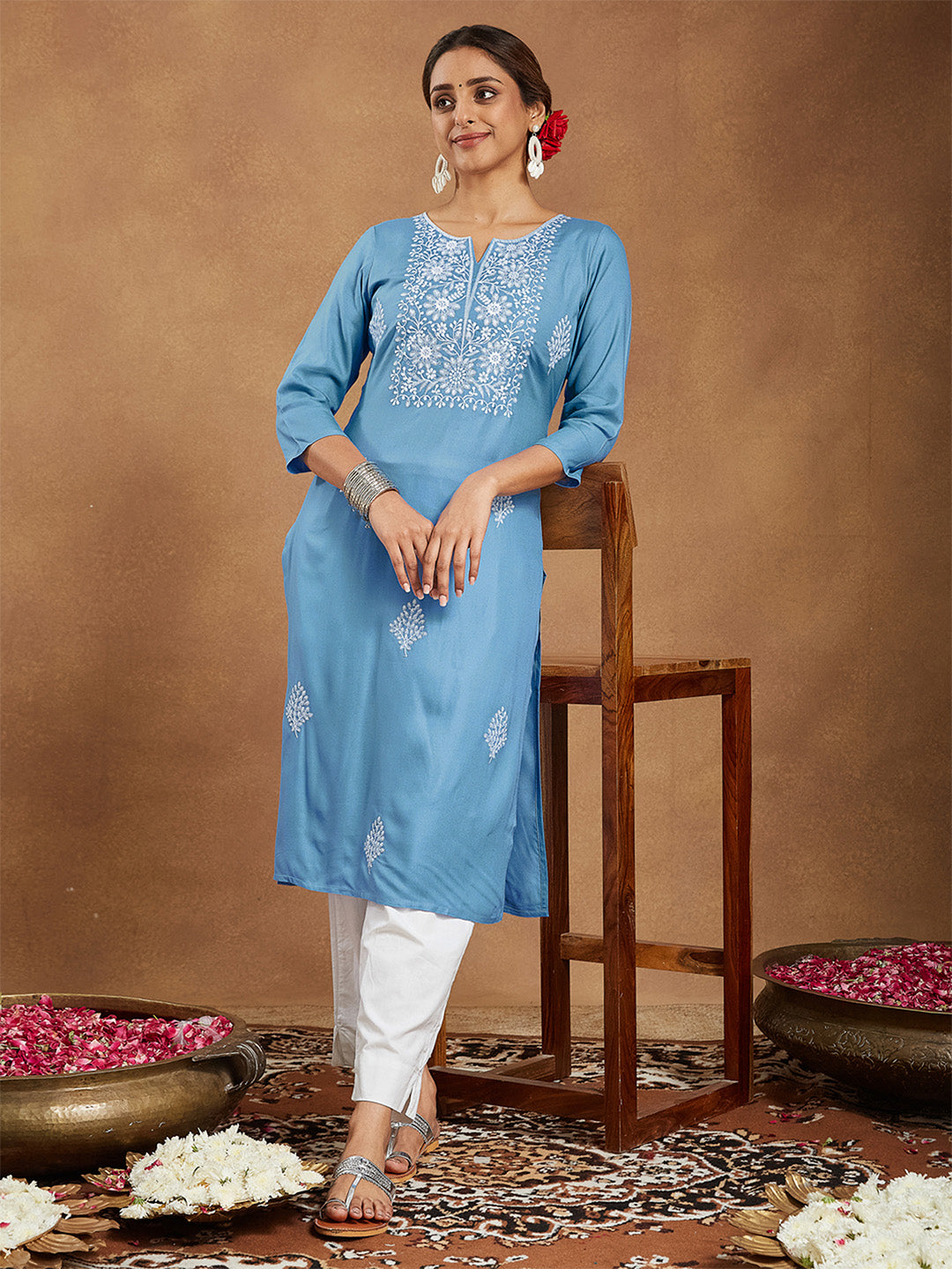Janasya Women's Sky Blue Rayon Embroidered Straight Kurta