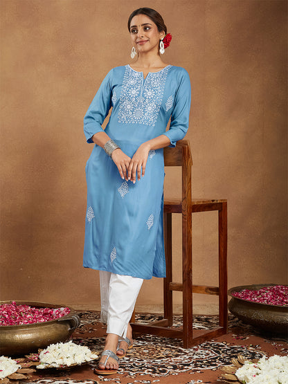 Janasya Women's Sky Blue Rayon Embroidered Straight Kurta