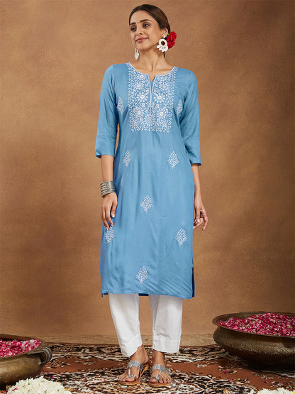 Janasya Women's Sky Blue Rayon Embroidered Straight Kurta