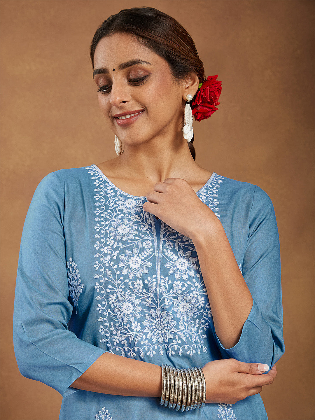 Janasya Women's Sky Blue Rayon Embroidered Straight Kurta