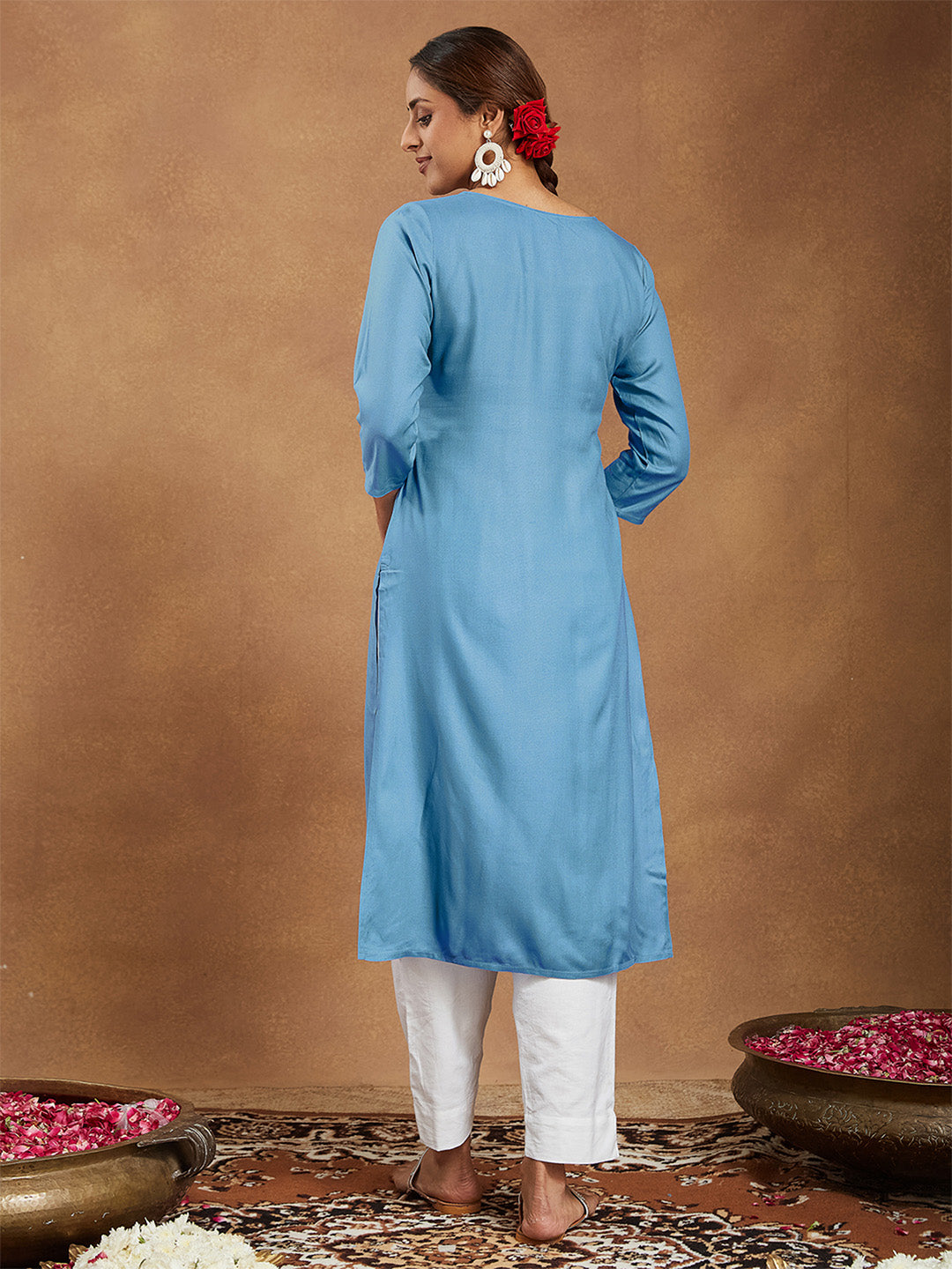 Janasya Women's Sky Blue Rayon Embroidered Straight Kurta