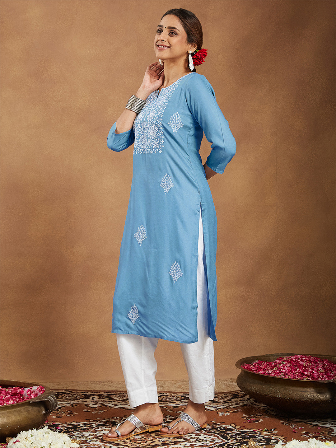 Janasya Women's Sky Blue Rayon Embroidered Straight Kurta