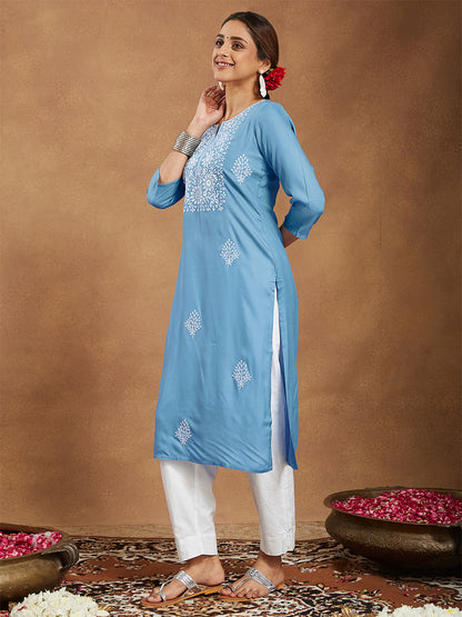 Janasya Women's Sky Blue Rayon Embroidered Straight Kurta