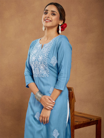 Janasya Women's Sky Blue Rayon Embroidered Straight Kurta