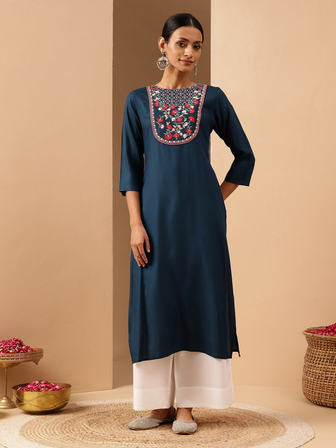 Janasya Women's Teal Blue Rayon Yoke Embroidered Straight Kurta