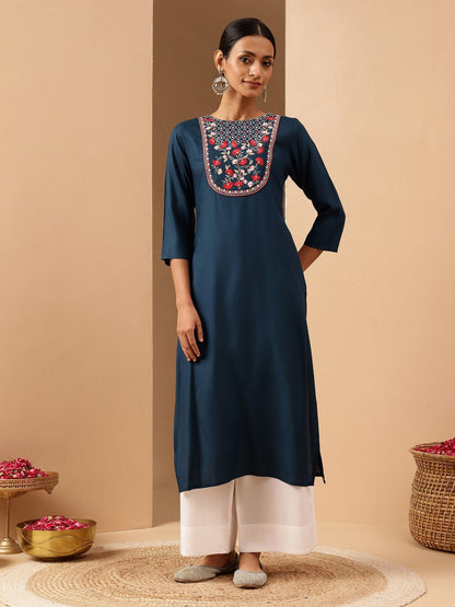 Janasya Women's Teal Blue Rayon Yoke Embroidered Straight Kurta