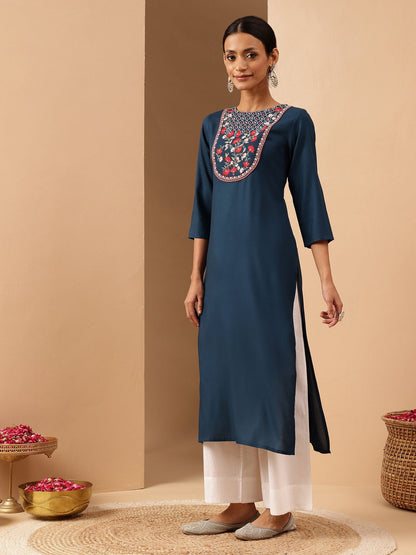 Janasya Women's Teal Blue Rayon Yoke Embroidered Straight Kurta