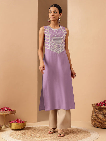 Janasya Women's Lavender Silk Blend Zari Embroidered Straight Kurta