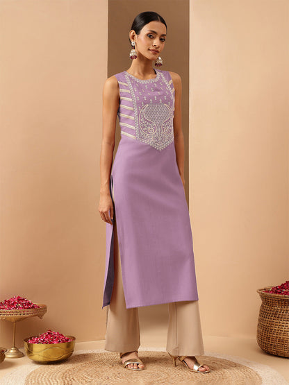Janasya Women's Lavender Silk Blend Zari Embroidered Straight Kurta