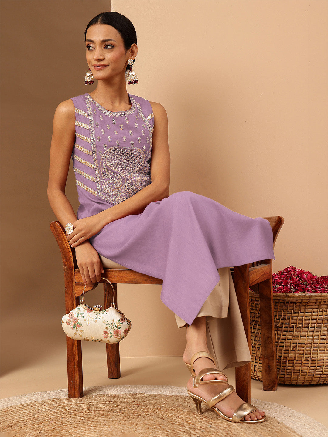 Janasya Women's Lavender Silk Blend Zari Embroidered Straight Kurta