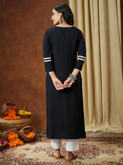 Janasya Women's Black Silk Blend Embroidered Straight Kurta