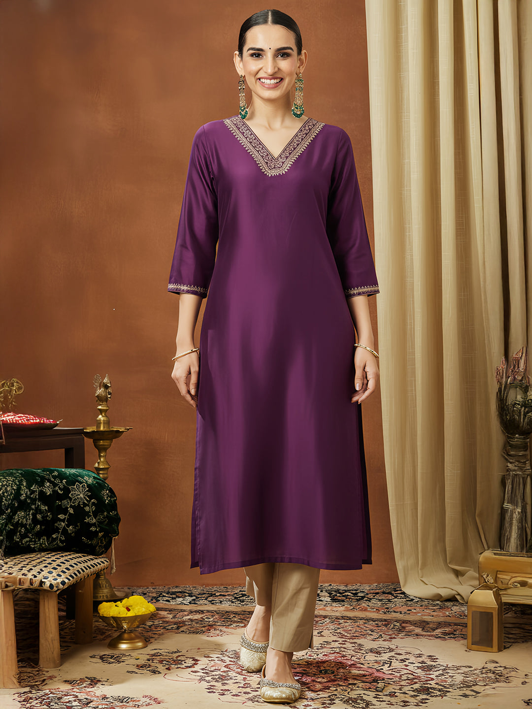 Janasya Women's Wine Chanderi Silk Embellished Straight Kurta