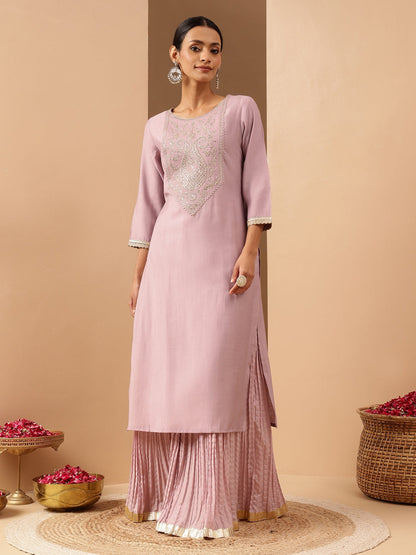 Janasya Women's Lavender Silk Blend Yoke Embroidered Straight Kurta