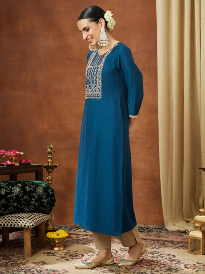 Janasya Women's Teal Blue Chanderi Silk Zari Yoke Embroidery Straight Kurta