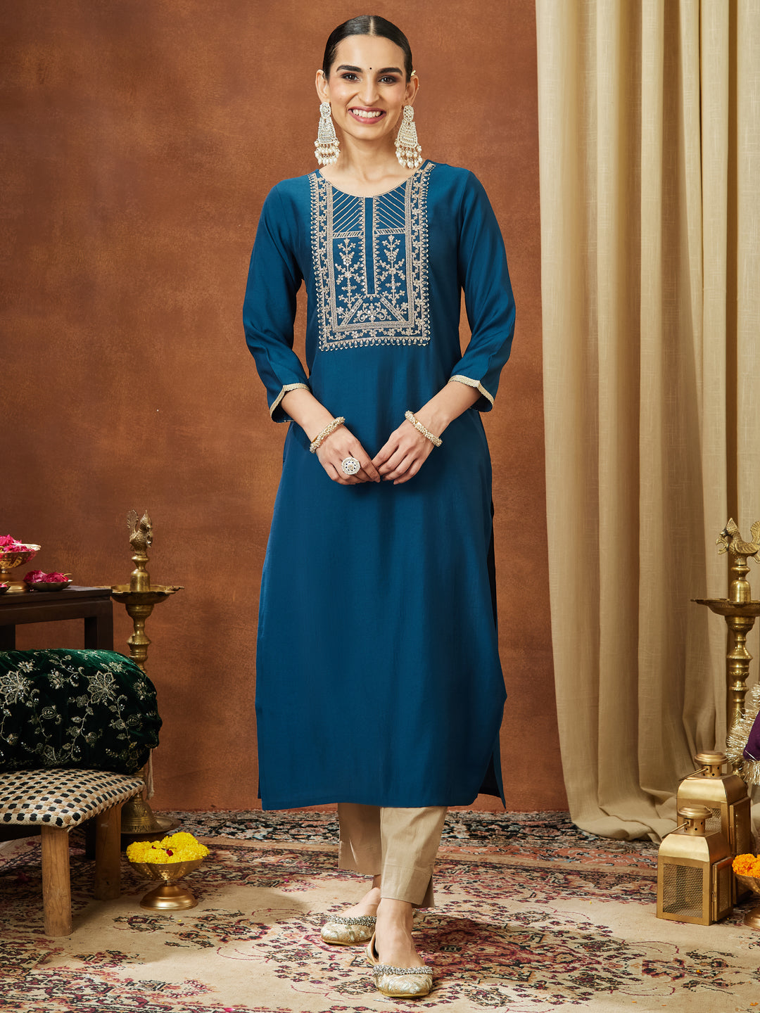 Janasya Women's Teal Blue Chanderi Silk Zari Yoke Embroidery Straight Kurta