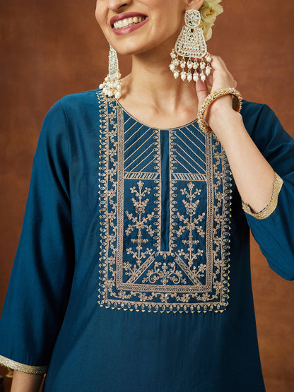 Janasya Women's Teal Blue Chanderi Silk Zari Yoke Embroidery Straight Kurta
