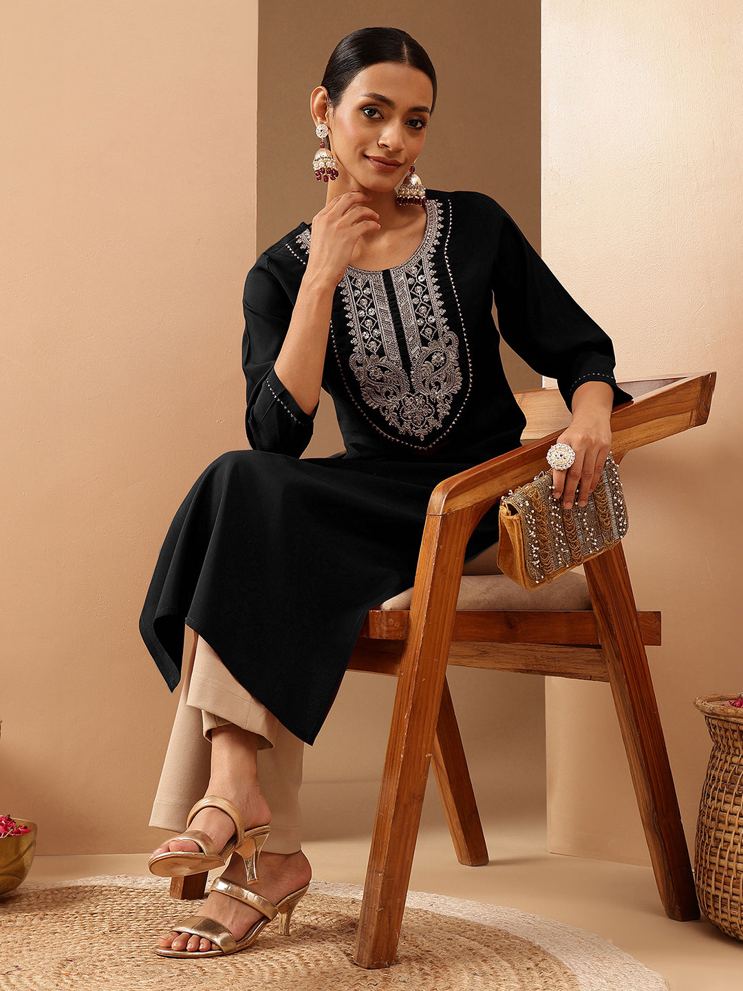 Janasya Women's Black Chanderi Silk Yoke Embroidered Straight Kurta