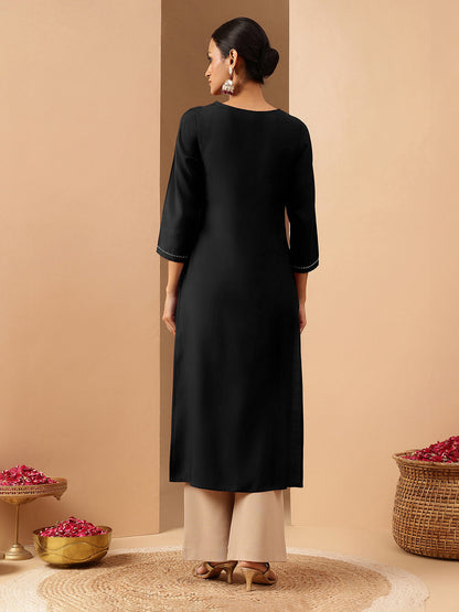 Janasya Women's Black Chanderi Silk Yoke Embroidered Straight Kurta