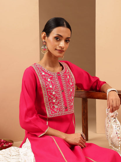 Janasya Women's Pink Chanderi Silk Zari Yoke Embroidered Straight Kurta