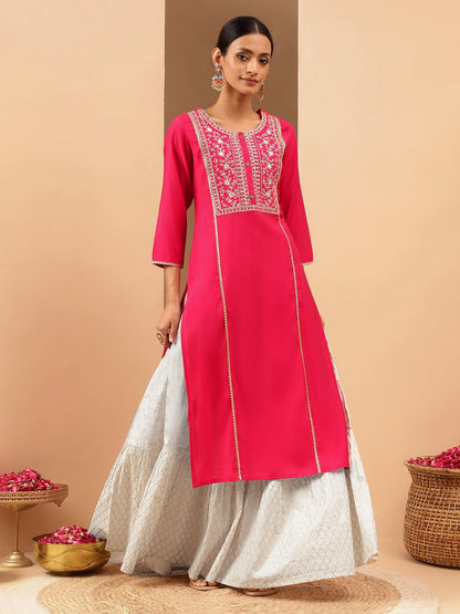 Janasya Women's Pink Chanderi Silk Zari Yoke Embroidered Straight Kurta