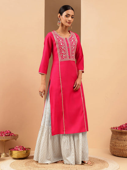 Janasya Women's Pink Chanderi Silk Zari Yoke Embroidered Straight Kurta